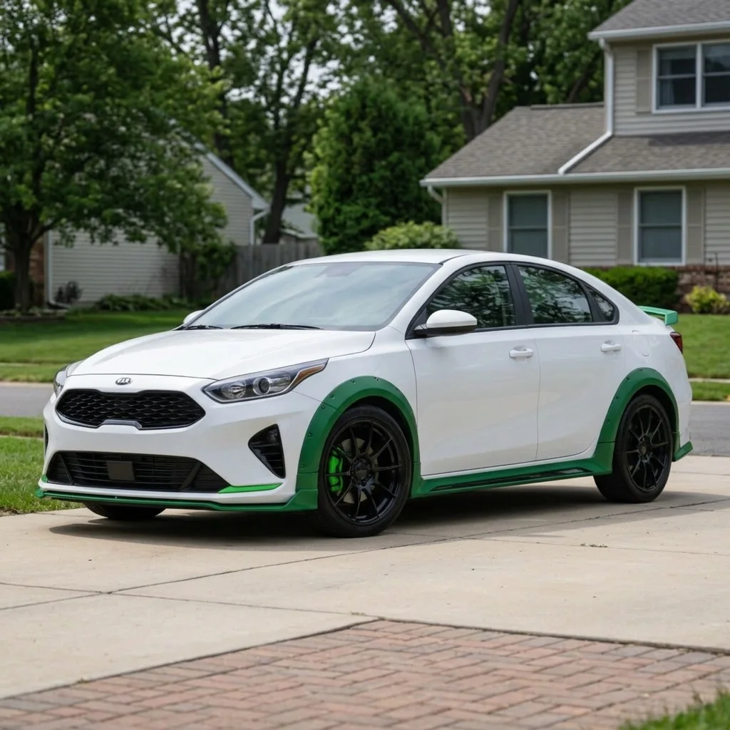 Kia blanco con acentos verdes y ruedas negras visto de lado.