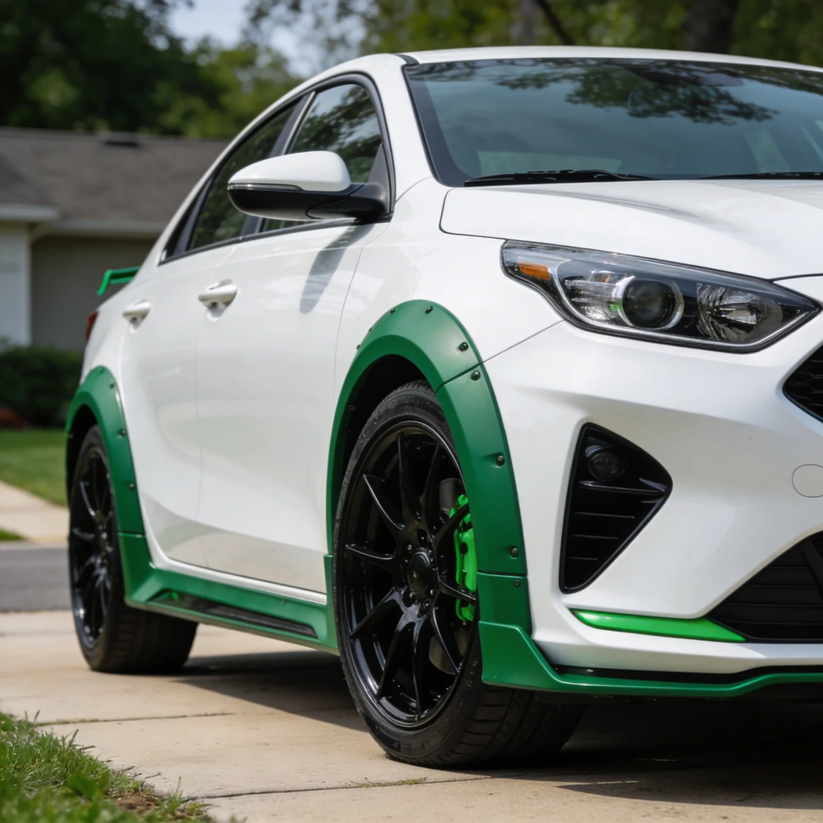 Kia blanco con detalles verdes, rueda negra y caliper verde.